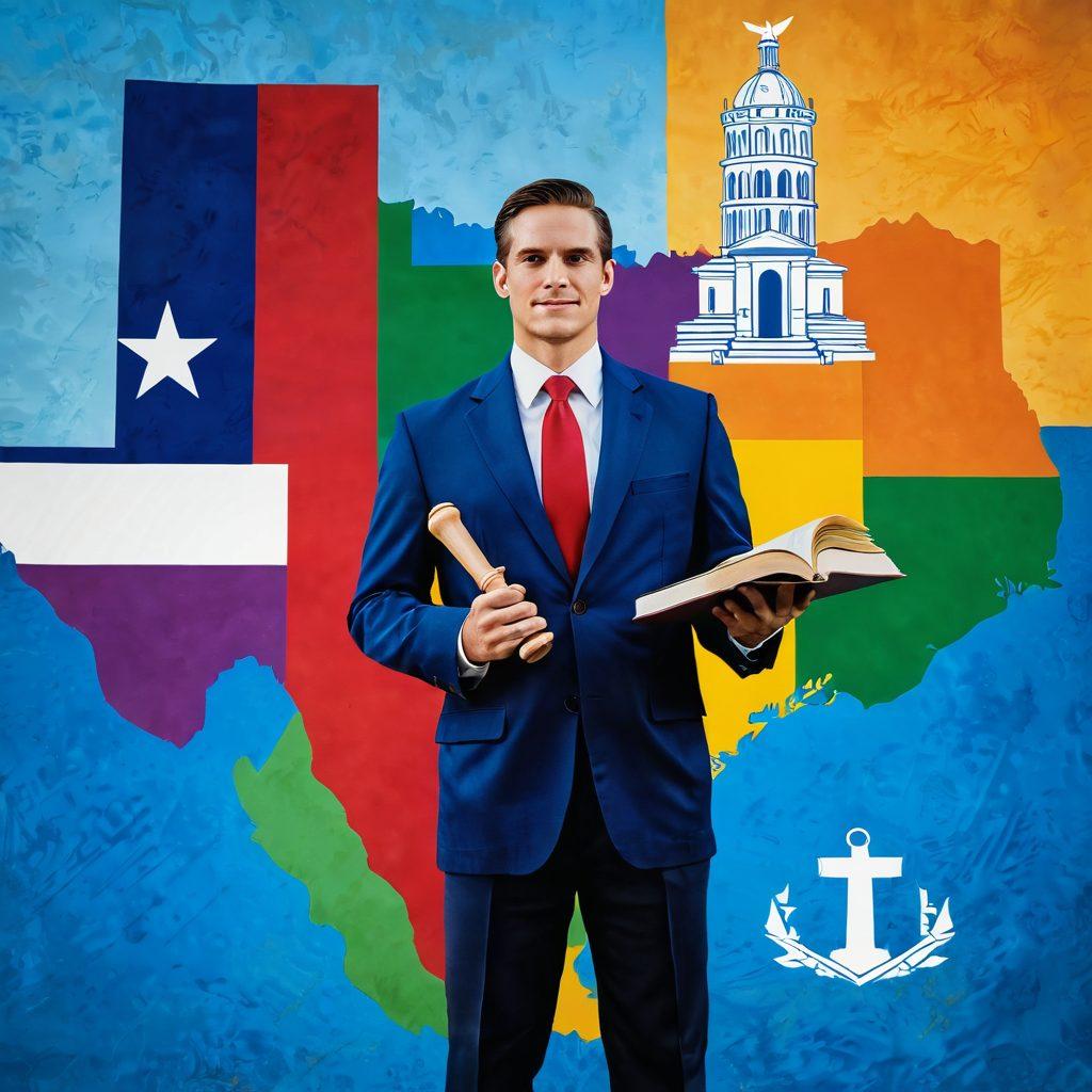 A Texas lawyer standing confidently on a colorful map of Texas, holding a gavel in one hand and a legal brief in the other. The iconic Texas landmarks like the Alamo and oil rigs in the background, showcasing a blend of tradition and modern legal practice. Emphasize the vibrant blue of the Texas flag in the design, with resources such as books and a laptop scattered around. super-realistic. vibrant colors. 3D.