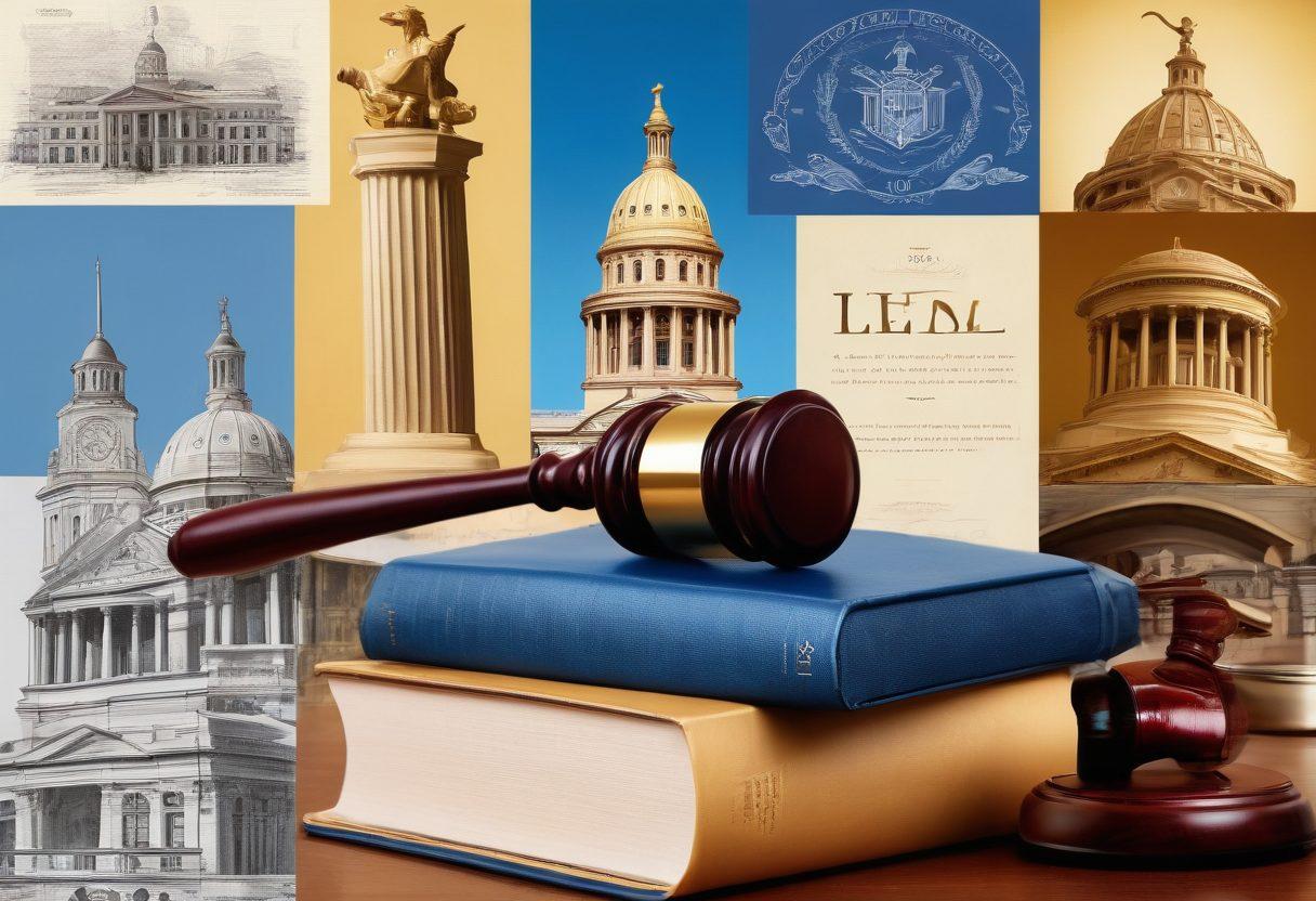 A collage of Texas legal education symbols, including a gavel, law books, a graduation cap, and iconic Texas landmarks like the State Capitol. The background should depict a courtroom with a warm, inviting atmosphere. Incorporate elements that convey insight, such as lightbulbs or magnifying glasses. The color scheme should be professional with shades of blue, gold, and cream. super-realistic. vibrant colors.