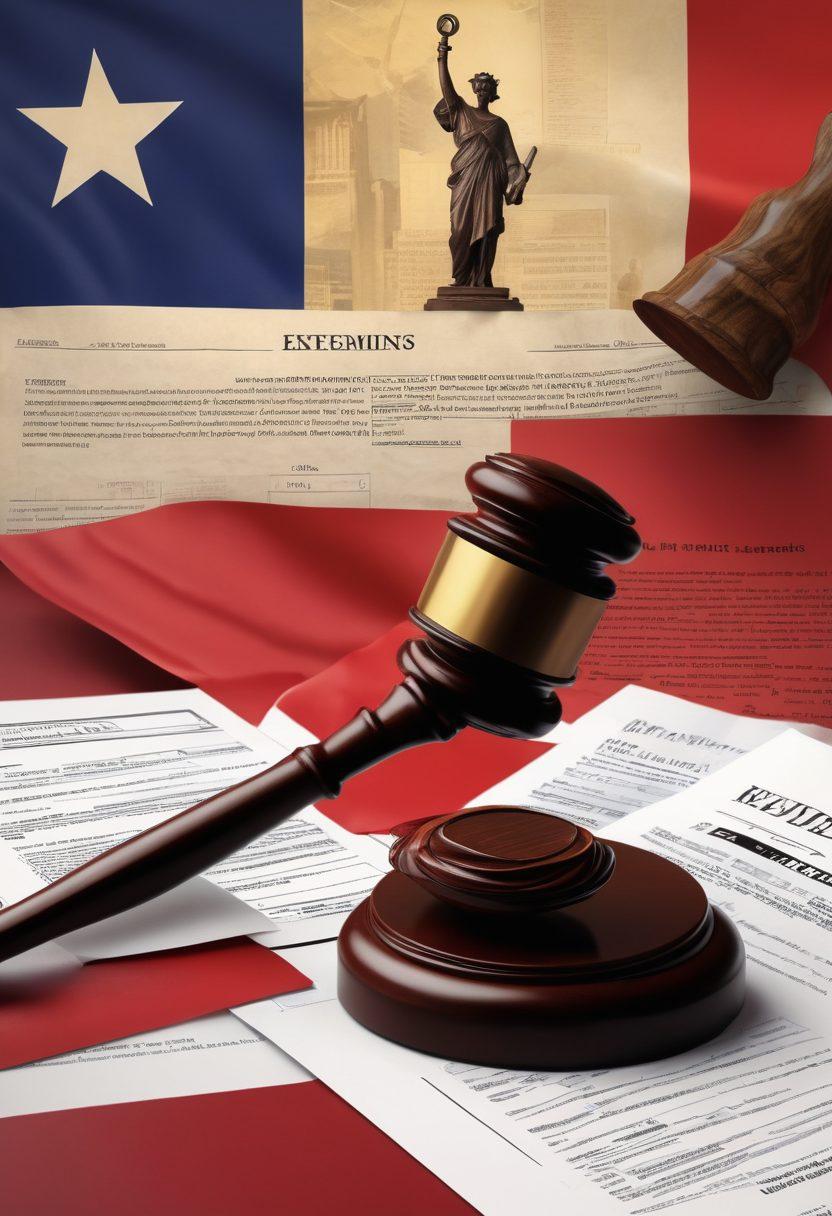 A dynamic collage featuring iconic Texas symbols like the state flag and a gavel intertwined with legal documents and a modern courthouse silhouette. In the background, a digital news feed displays headlines related to Texas law, providing an energetic vibe. Lawyers engaging in discussions can be visualized to represent community and collaboration. Rich blue and red tones accentuating the Texas flag theme enhance the visual impact. super-realistic. vibrant colors. 3D.